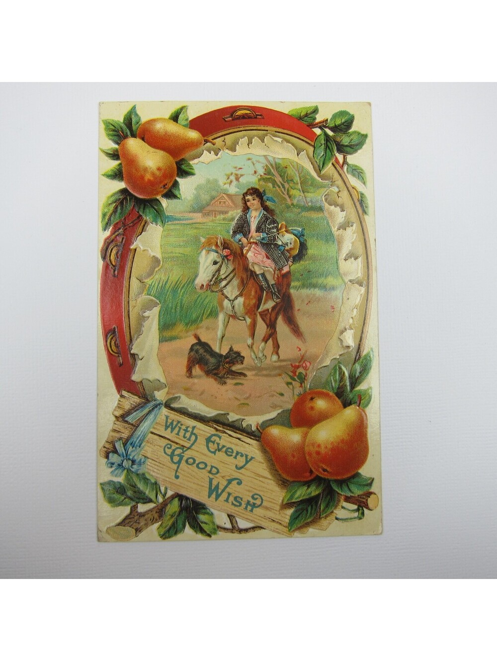 Postcard With Every Good Wish Girl On Pony Horse Terrier Dog Pears Antique 1910